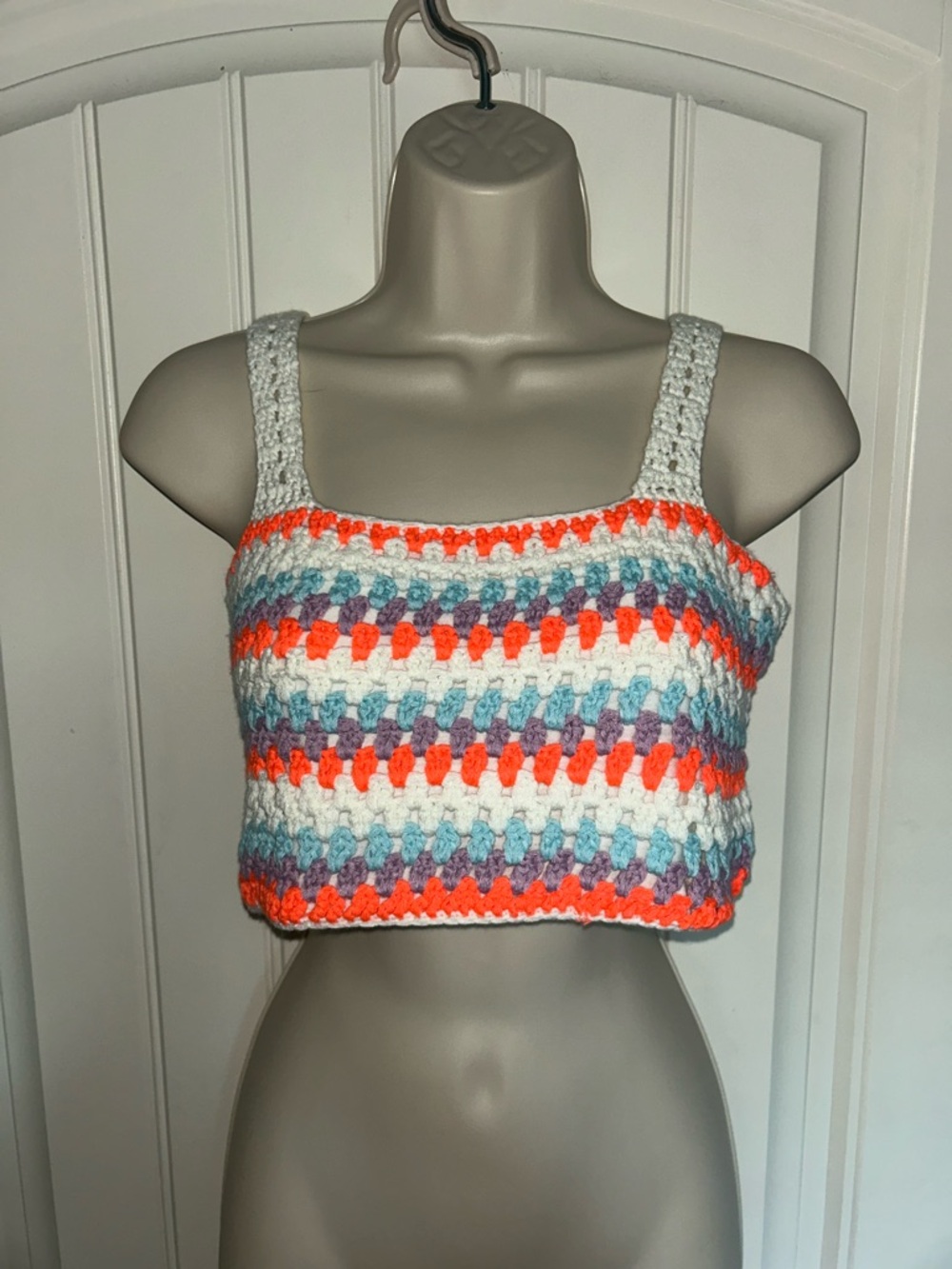NWT Self Contrast Crochet Striped Crop Top in White, Orange & Purple Sz L